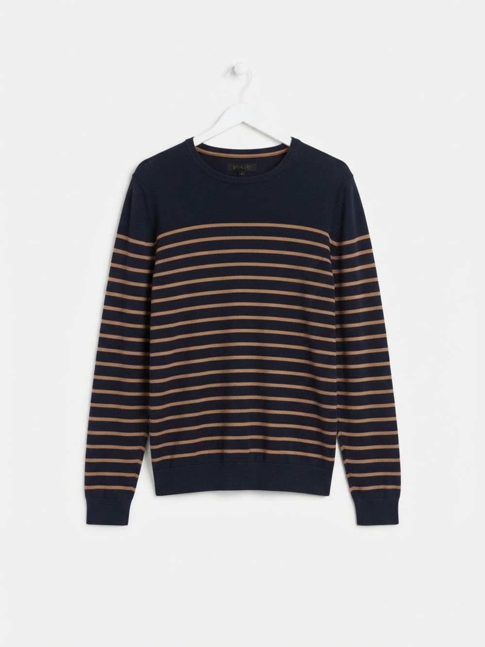 Men's RW & Co Navy and Tan Striped Crewneck Sweater, Size M